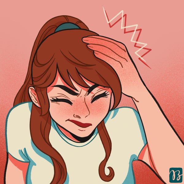 Illustration of a girl holding the top of her head after an apparent blunder.