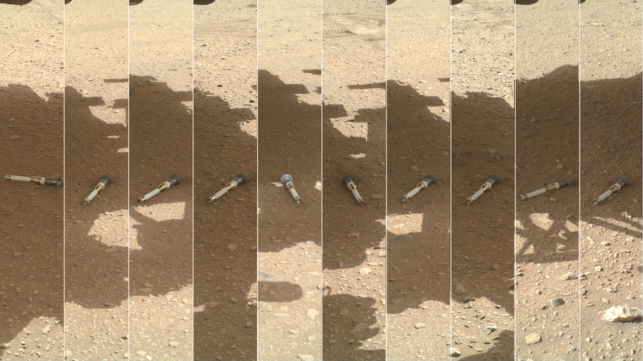 A photomontage of the Mars Perseverance rover's sample-tube depot on the surface of Mars