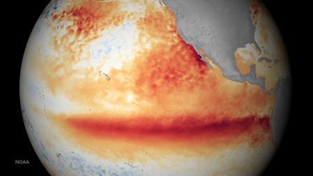 An image of the Pacific showing a red band at the equator.