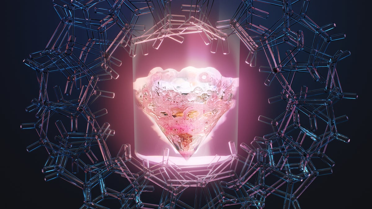 Conceptual art shows the rare earth element promethium in a vial surrounded by an organic ligand.