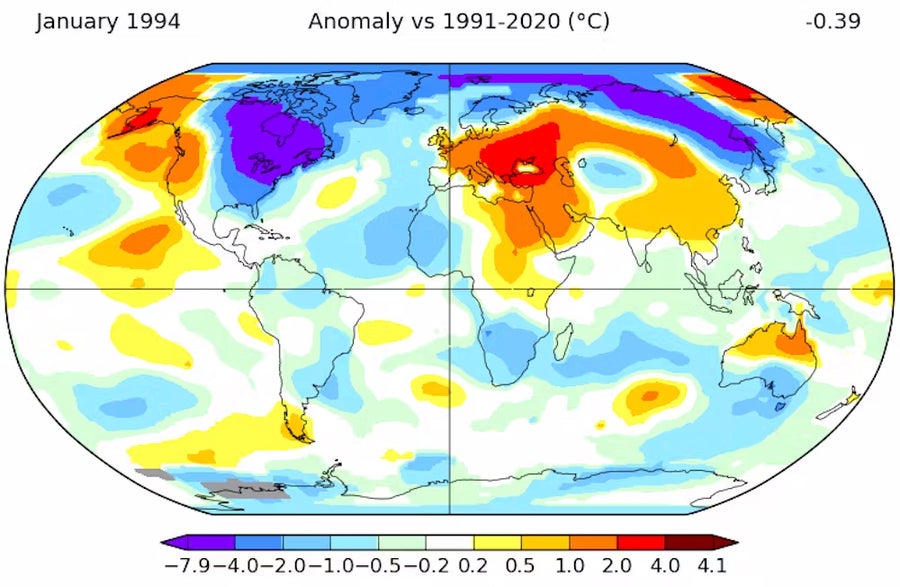 How temperatures in January 1994 compare to the 1991-2020 average, the current 30-year period used to define ‘normal.’ Large parts of the Midwest and eastern U.S. were more than 7 degrees Fahrenheit (4 degrees Celsius) below “normal,” and some areas were much colder