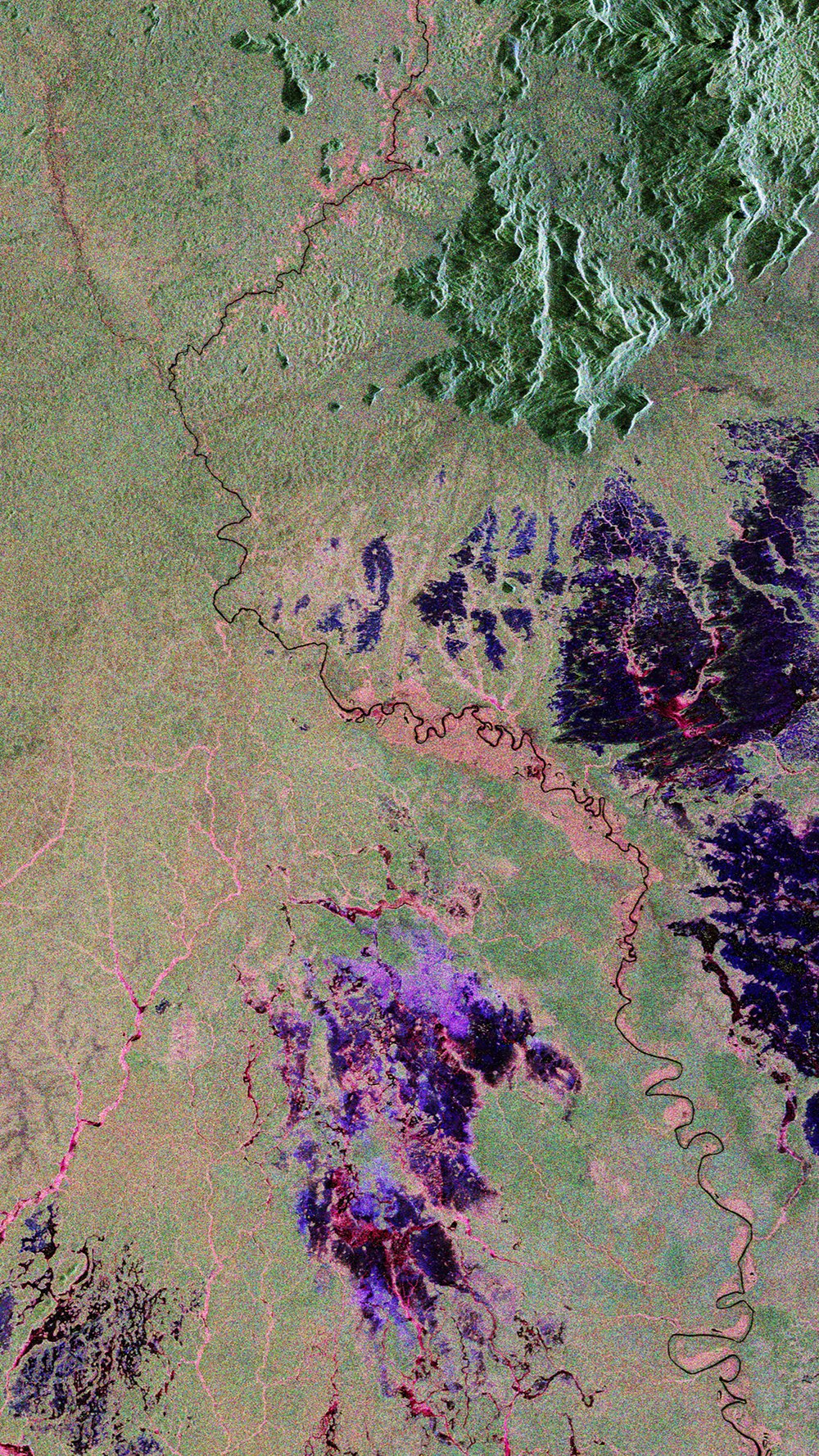 Una imagen de biomasa de la selva amazónica en Brasil. Es predominantemente verde claro con un parche de verde oscuro en la parte superior derecha y un parche de púrpura hacia la parte inferior