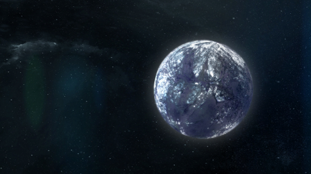 This artist’s concept shows an ice-encrusted, Earth-mass rogue planet drifting through space alone.