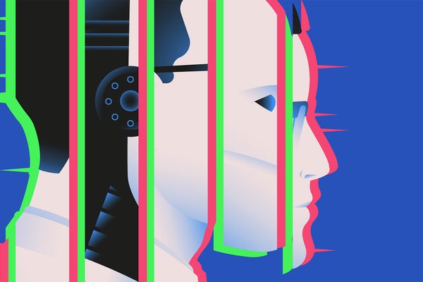 Sliced, glitchy illustration of scientist and robot. Artifical intelligence technologies, singularity concept.
