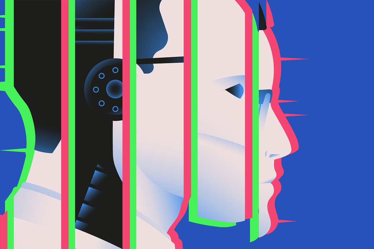 Sliced, glitchy illustration of scientist and robot. Artifical intelligence technologies, singularity concept. 