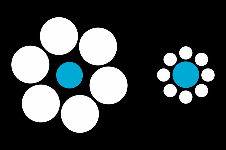 The Ebbinghaus Illusion is an optical illusion of relative size perception. Two blue circles of the same size sit at the center, the right circle is surrounded by smaller white circles while the left blue circle is surrounded by larger white circles resulting in a trick of the eye making the left blue circle appear smaller than the right blue circle
