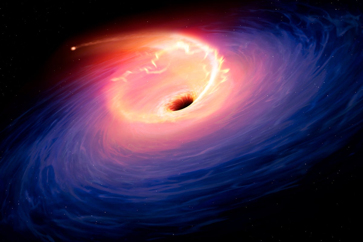 	Artwork depicting a tidal disruption event (TDE). TDEs are causes when a star passes close to a supermassive black hole and get torn apart by the gravity of the latter.