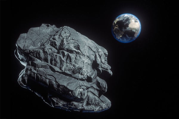 3D illustration of an asteroid in the foreground approaching Earth's orbit, which is seen in the background, out of focus
