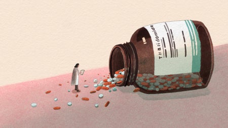 An illustration of a doctor miniaturized next to a huge bottle of spilled pills