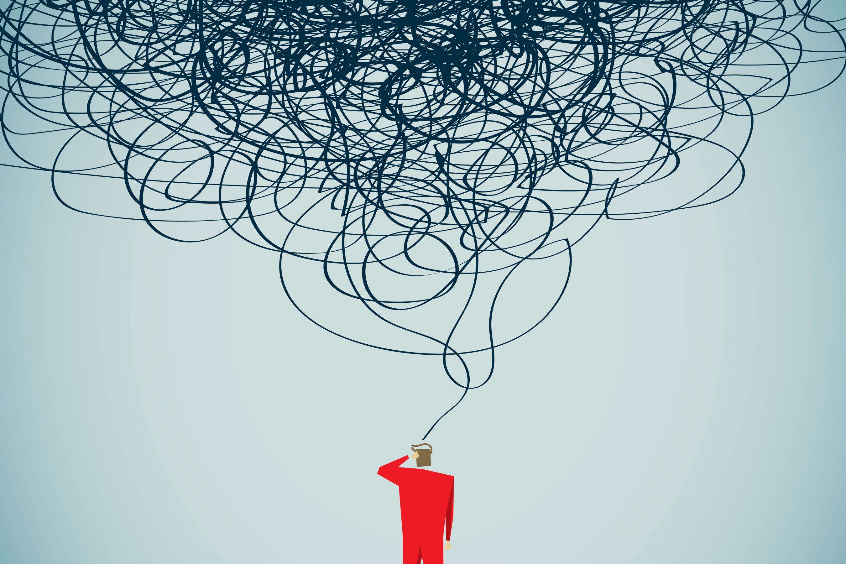 Illustration of person in red suit with cloud of confusing lines above.