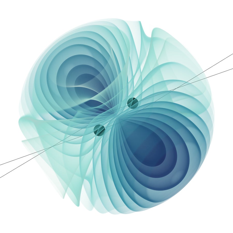 Vector illustrations, visualization of the energy carried by the gravitational waves that are emitted from two black holes scattering off each other 0.5c. The emitted energy was computed to highest-precision as is required for future gravitational wave detectors, featuring advanced mathematical functions known as Calabi-Yau periods. 