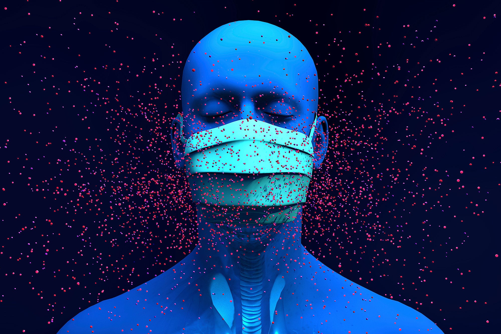 Illustration of a person wearing a face mask surrounded by virus particles