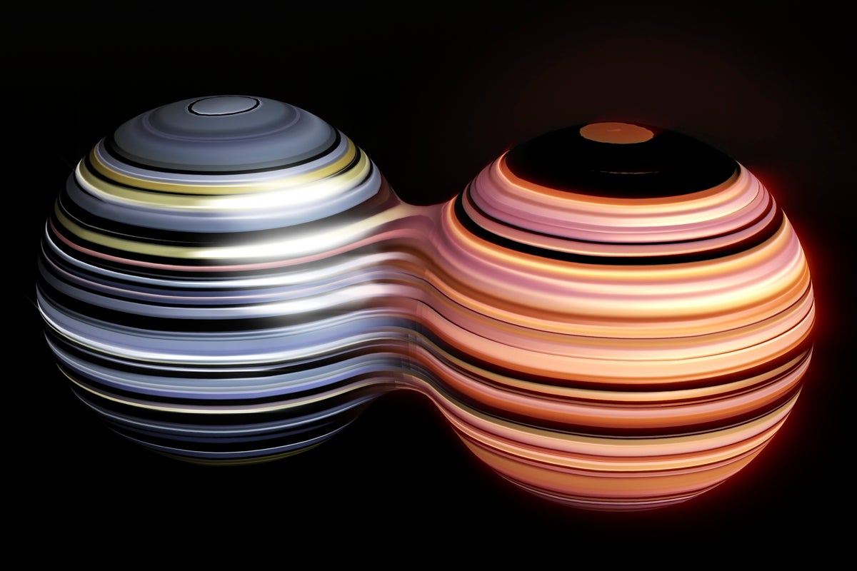 An artist's concept of a Majorana quasiparticle, a theoretical entity that can pair with an antimatter version of itself in a manner that could be very useful for quantum computing.