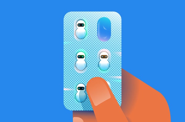 Vector Illustration of person's hand holding a blister pack with chatbot pills