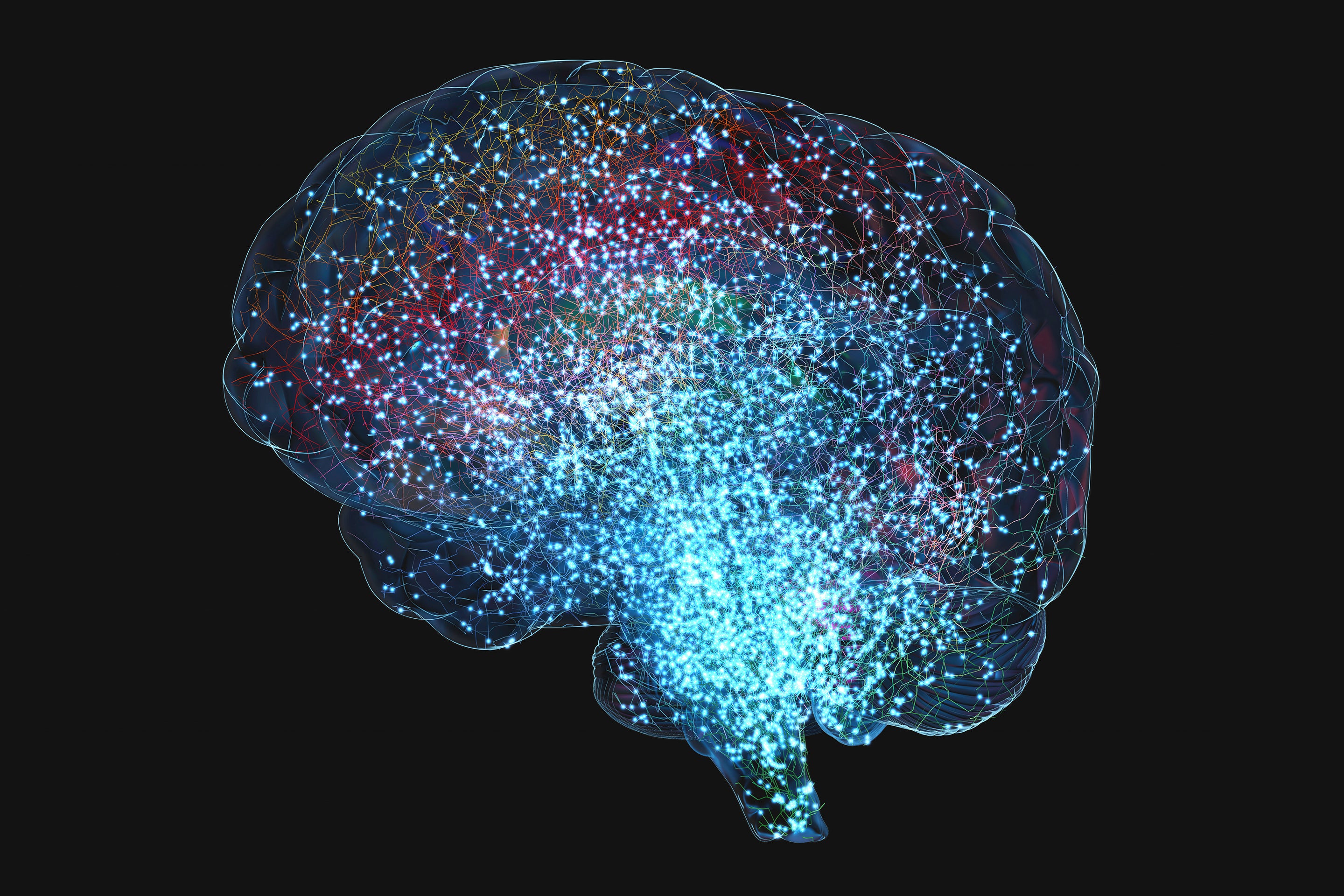 3D Illustration of a transparent human brain with lit up neural network