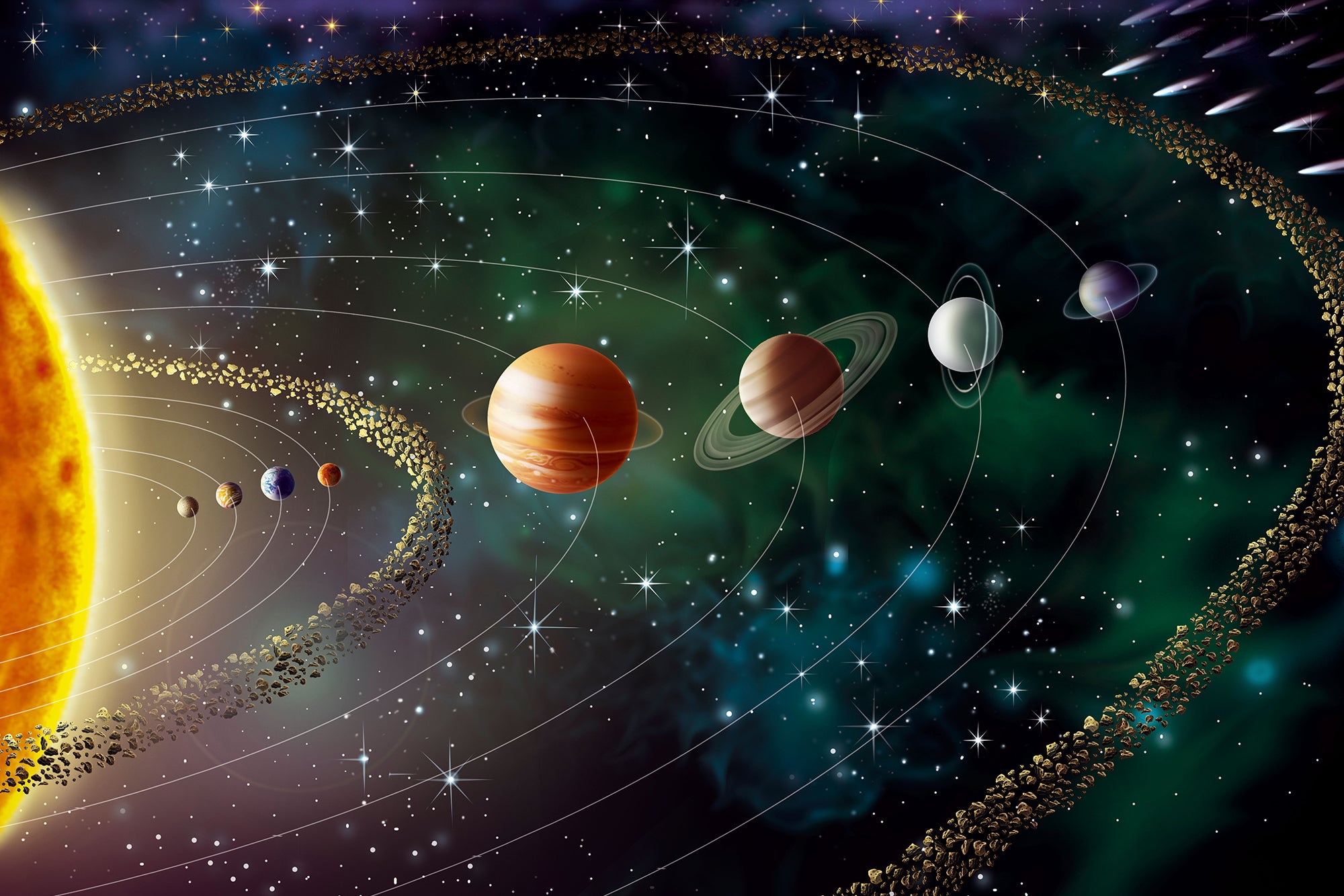 Illustration of the solar system, including its eight planets and the sun: Mercury, Venus, the Earth, Mars, asteroid belt, Jupiter, Saturn, Uranus, Neptune and at its outer limits the Kuiper Belt and the Oort Cloud