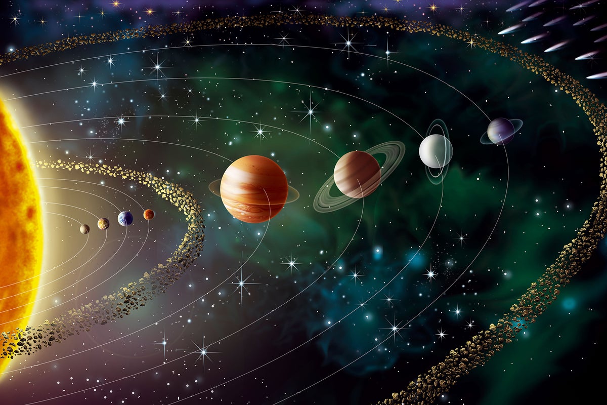 An illustration of the solar system (not to scale), including the sun, inner rocky planets, asteroid belt, the outer gassy planets, and—beyond N