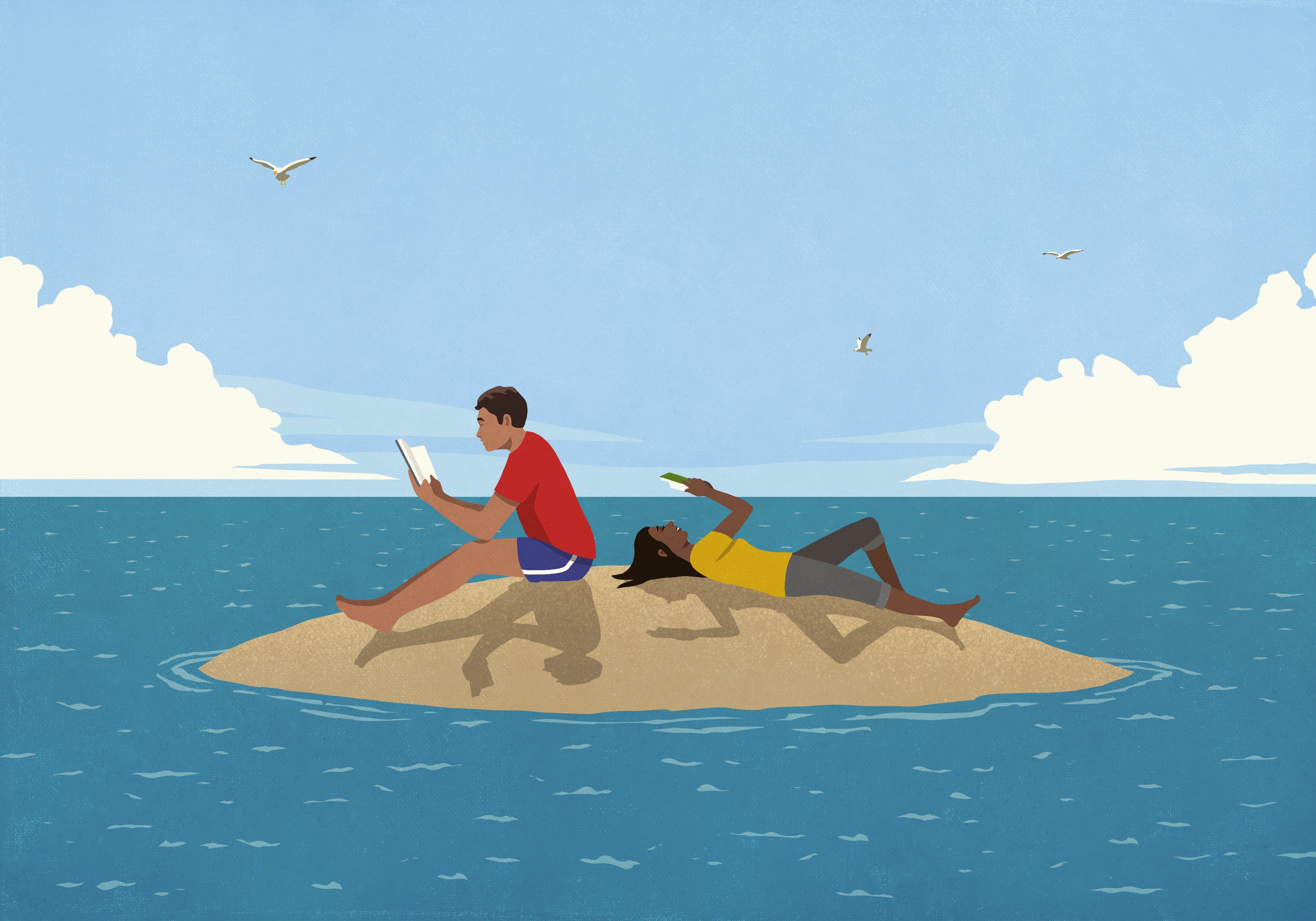 Couple reading books on sunny remote ocean island