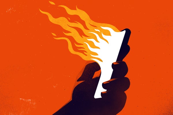 Illustration of a hand holding a smartphone emanating flames against a red background