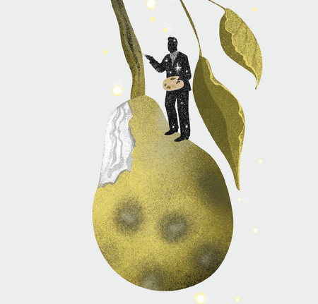 Illustration of a pear and a man painting on its stem