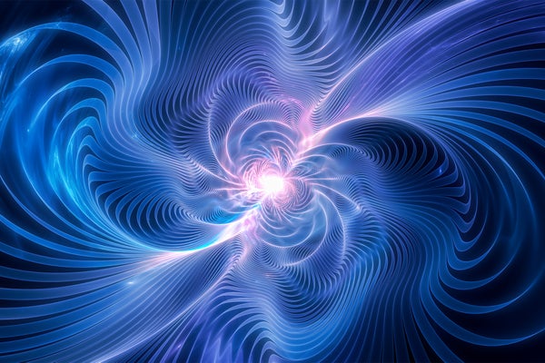 A computer generated illustration of blue, glowing gravitational waves