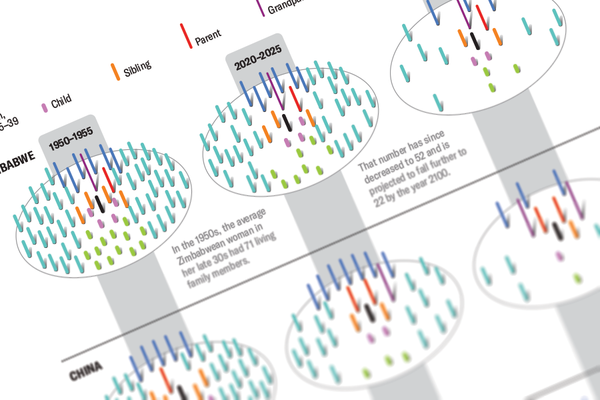 Cropped image of graphic shows groups of colored lines representing family members to illustrate shrinking family sizes over time.