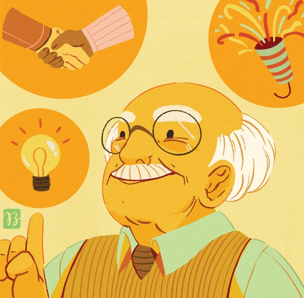 Illustration of an elderly man pointing up, surrounded by multiple thoughts or ideas