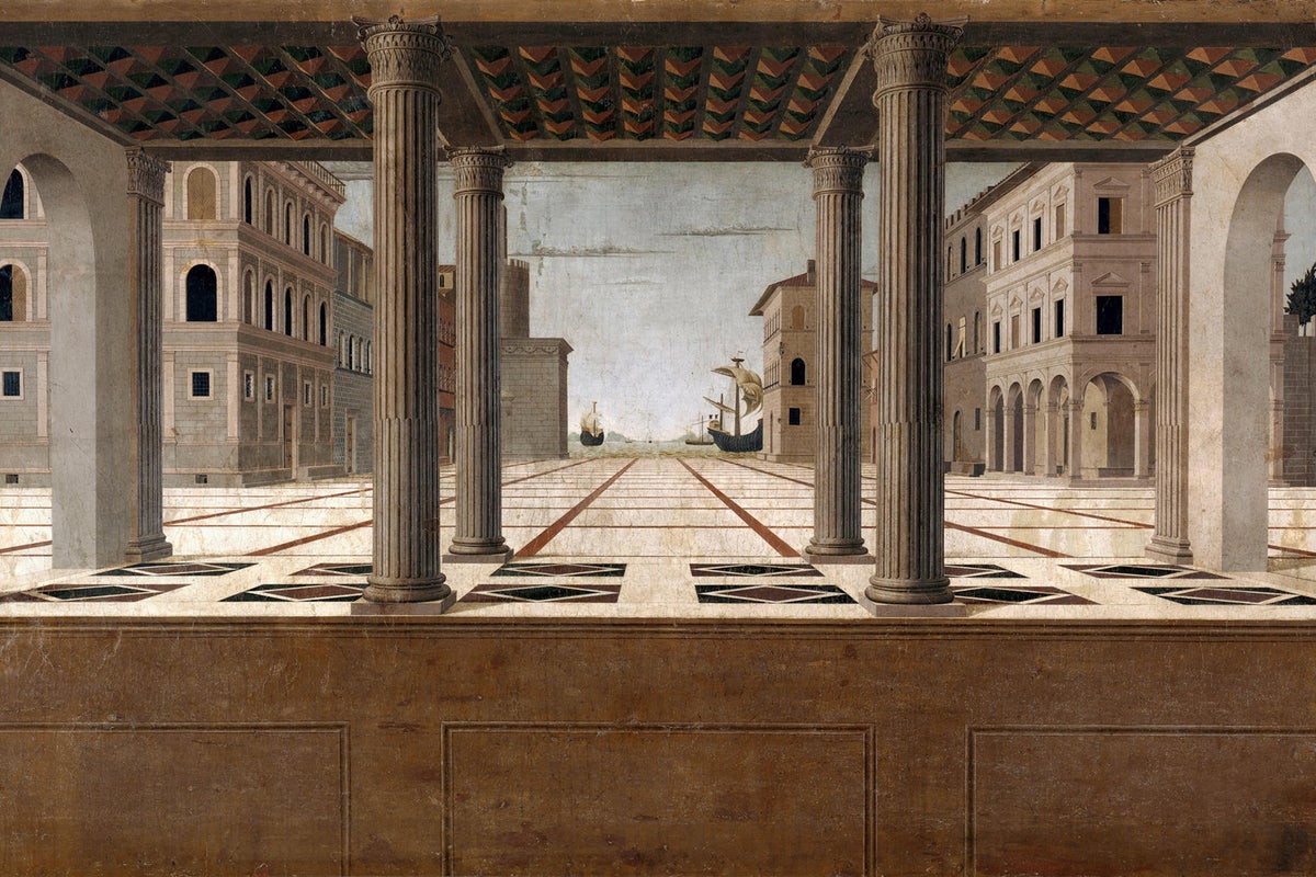 Painting of an architectural structure with linear perspective.