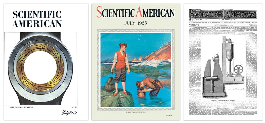 Capas da Scientific American de julho de 1975, 1925 e 1875.