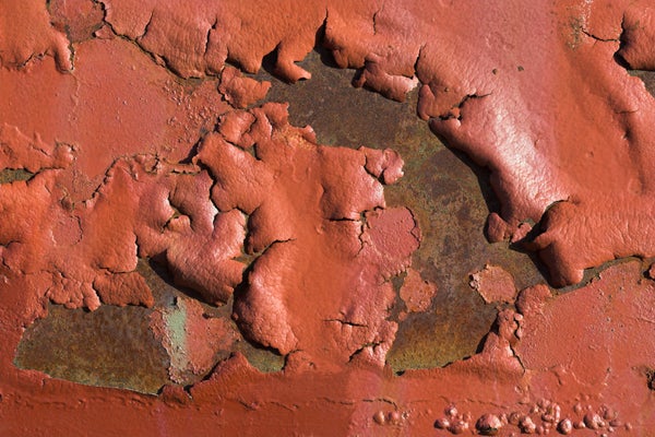 Blistered, flaking red lead paint