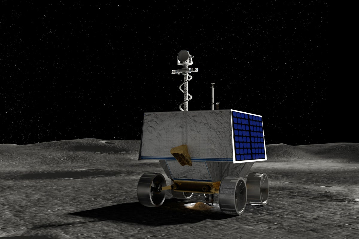 Illustration of a mobile robot with a drill, about the size of a golf cart, named the Volatiles Investigating Polar Exploration Rover, or VIPER, at the south pole of the Moon