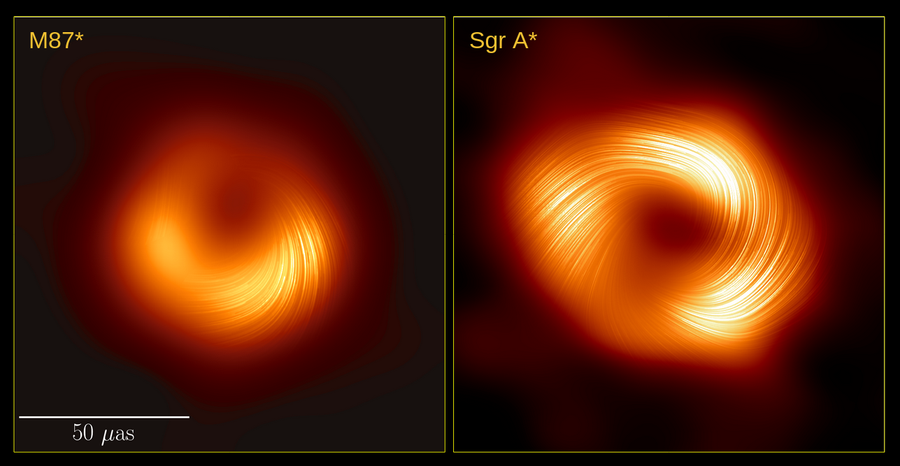 Side-by-side images in polarized light of the supermassive black holes M87* (left) and Sgr A* (right)