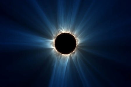 A visualization of how the predicted magnetic field structure of the solar corona will appear on eclipse day, April 8, 2024.