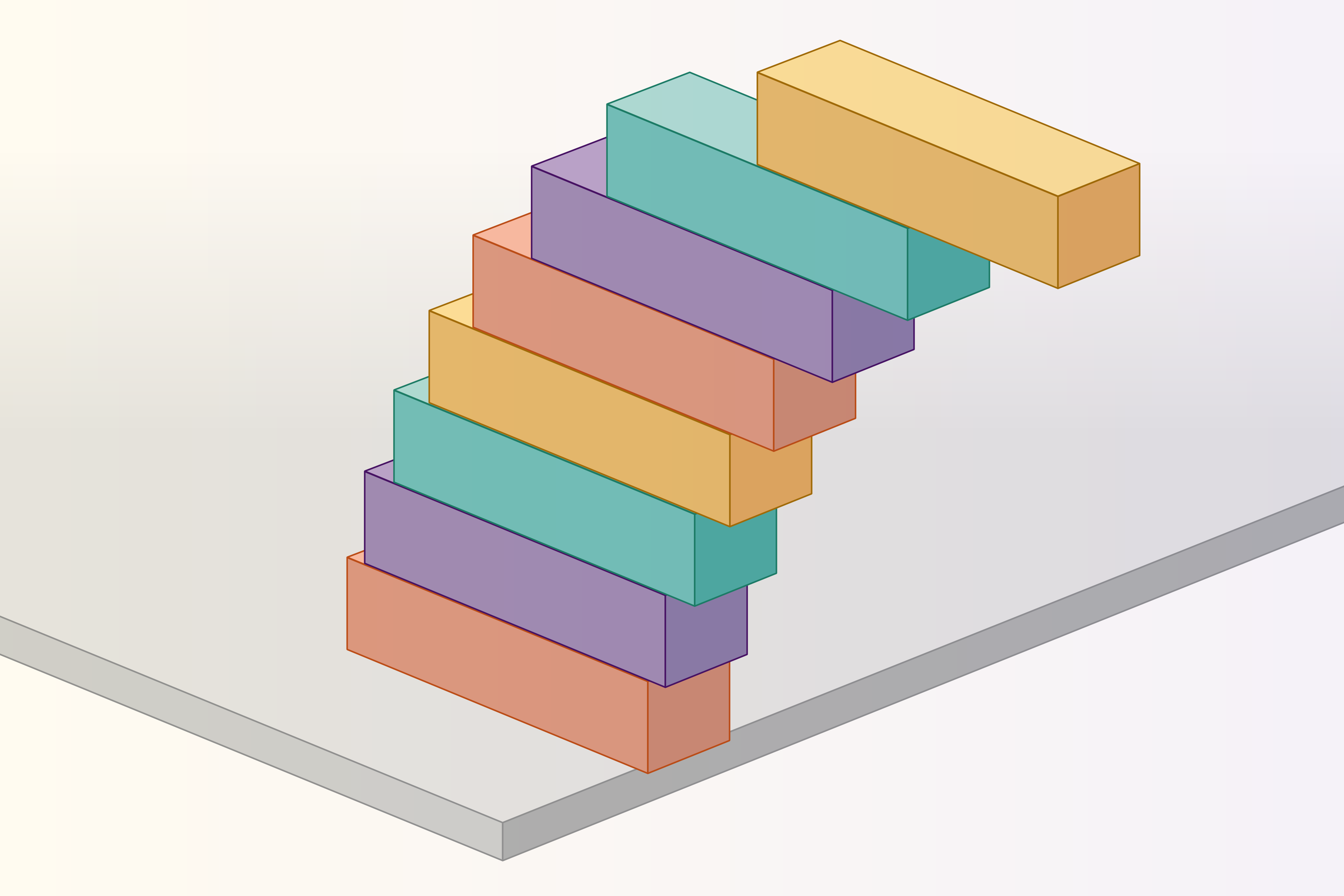 Graphic shows eight multicolored Jenga blocks stacked on a table and oriented perpendicular to the edge. From top to bottom, the blocks extend into space by decreasing proportions of their length.