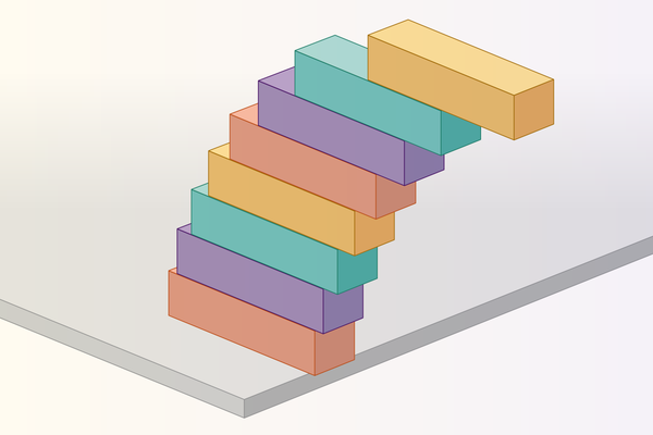 O gráfico mostra oito blocos Jenga multicoloridos empilhados em uma mesa e orientados perpendiculares à borda. De cima para baixo, os blocos se estendem ao espaço, diminuindo as proporções de seu comprimento.
