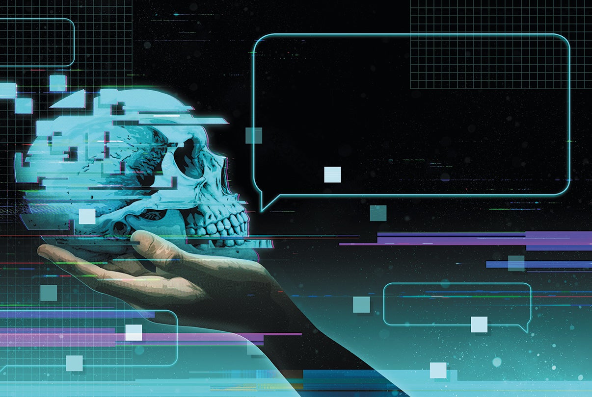 Digital illustration of a hand holding a human skull surrounded by text boxes