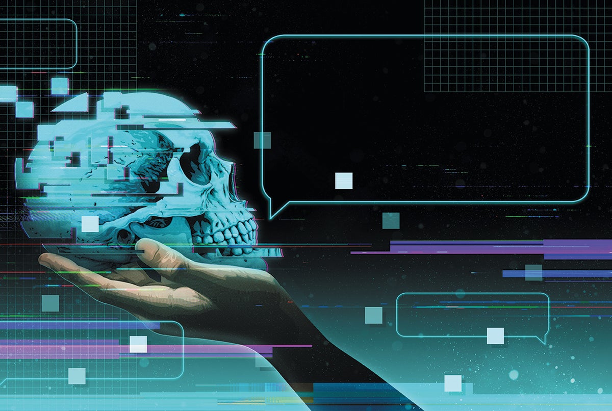 Digital illustration of a hand holding a human skull surrounded by text boxes