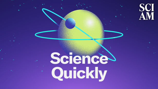 A small blue sphere orbits a larger green sphere against a purple background, with "Science Quickly" written underneath.