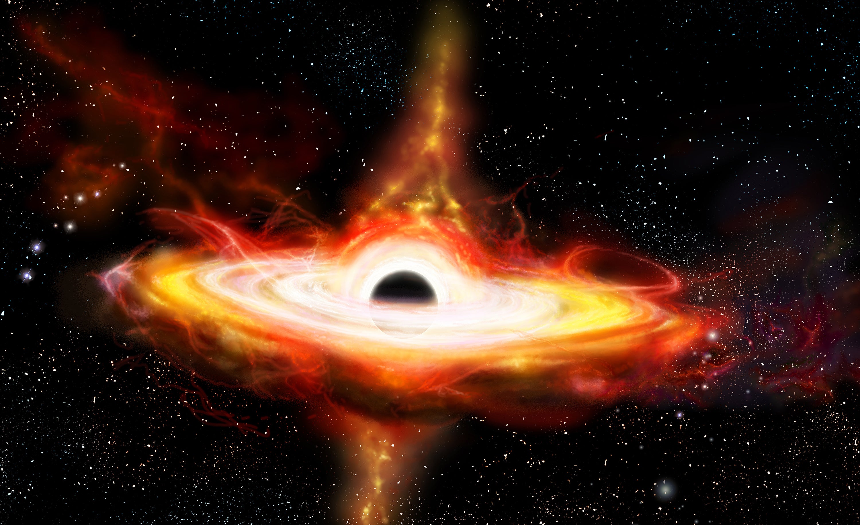 An artist's rendition of a supermassive black hole surrounded by a swirling accretion disk