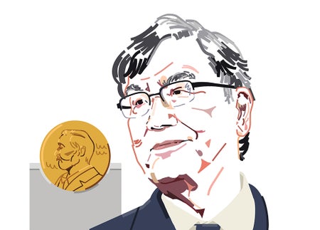portrait of a man wearing glasses, with a Nobel medal in the background
