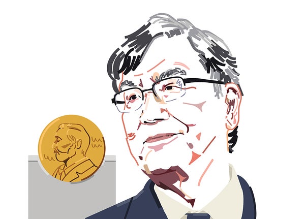 portrait of a man wearing glasses, with a Nobel medal in the background