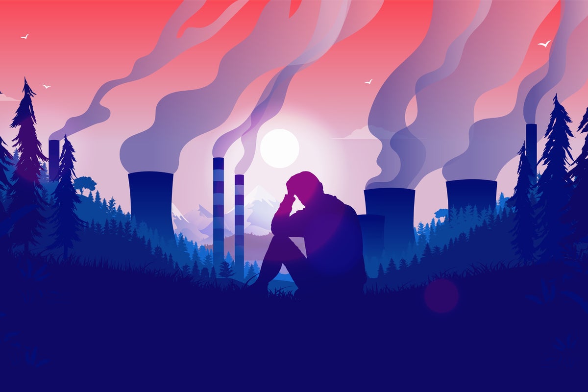 Vector illustration, person sitting in nature observing polluting factories destroying the local environment