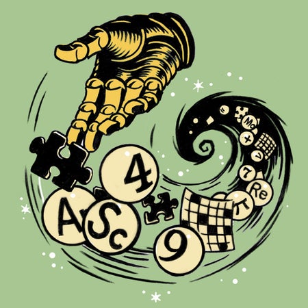 A robotic hand releases a swirl of jigsaw pieces, numbers, crosswords and letters