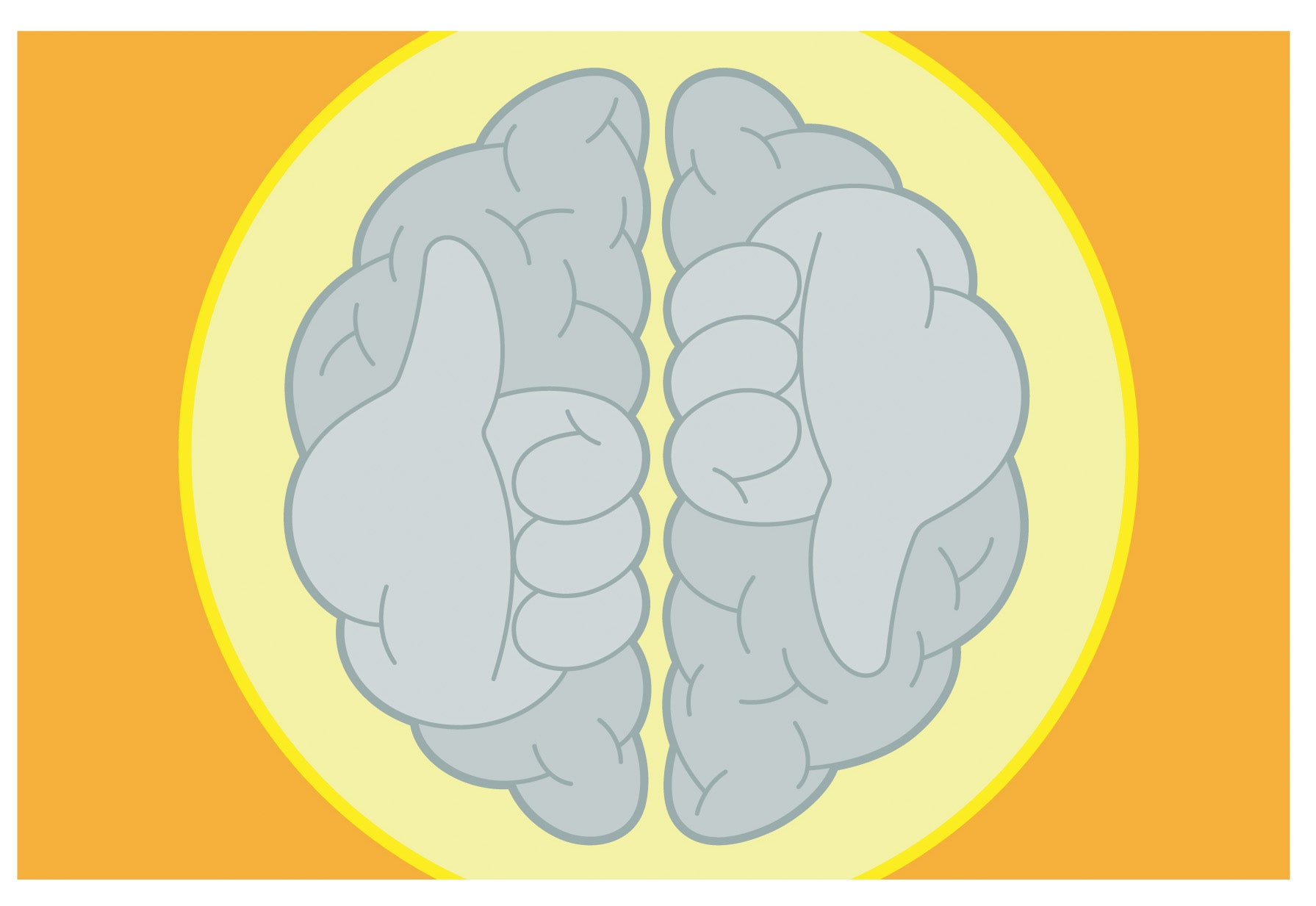 Illustration of two parts of a brain, with a thumbs up on one side and a thumbs down on the other side