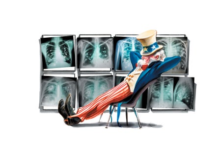 Illustration of a man sitting back in a chair, dressed in Americana apparel, against a background of different chest x-rays