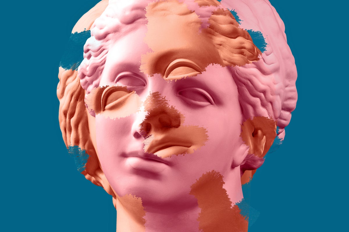 Conceptual photo illustration collage with two classical sculpture heads overlapping and glitching