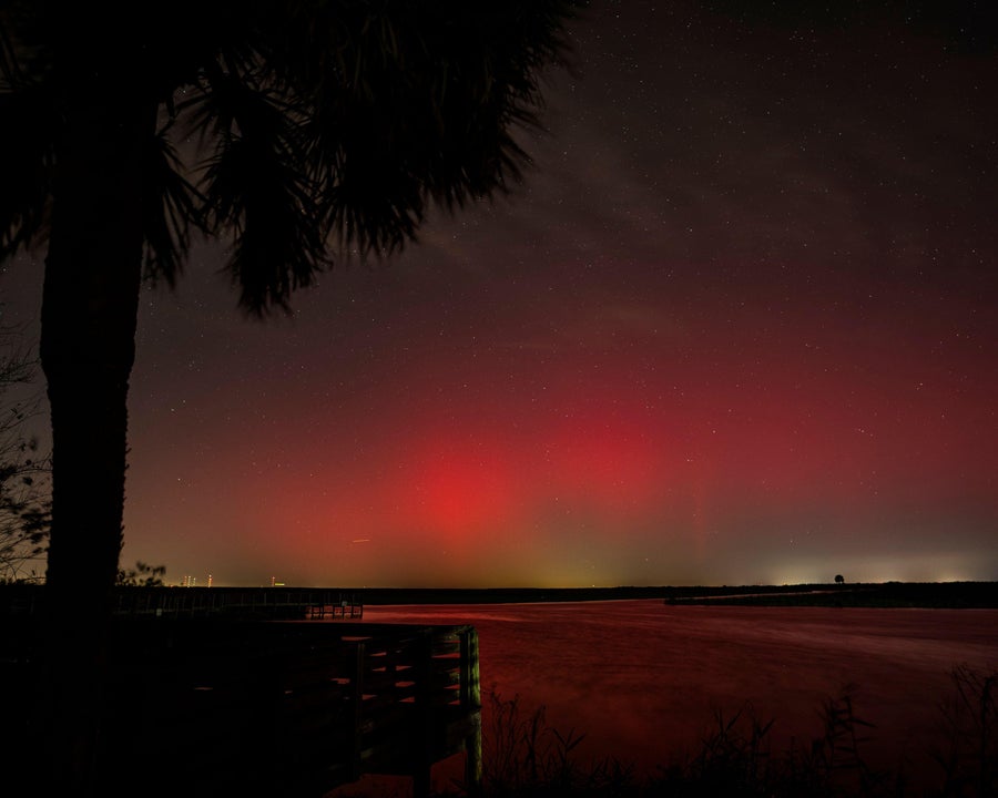 A colorful display of Northern Lights north of Cape Canaveral, Florida