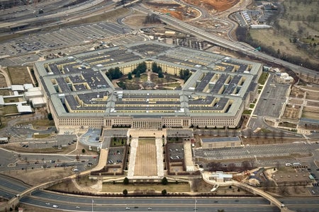 The Pentagon, heaquarters of the U.S. Department of Defense, is seen from the air on February 8, 2025, in Washington, DC.