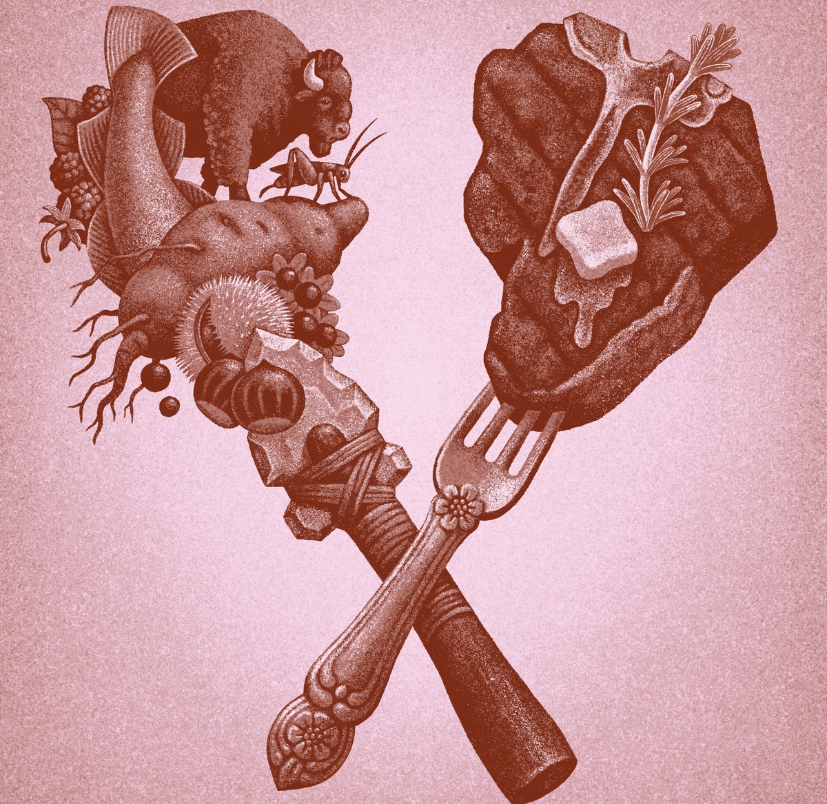 Illustration of criss-crossed fork and spear with different meats on their ends
