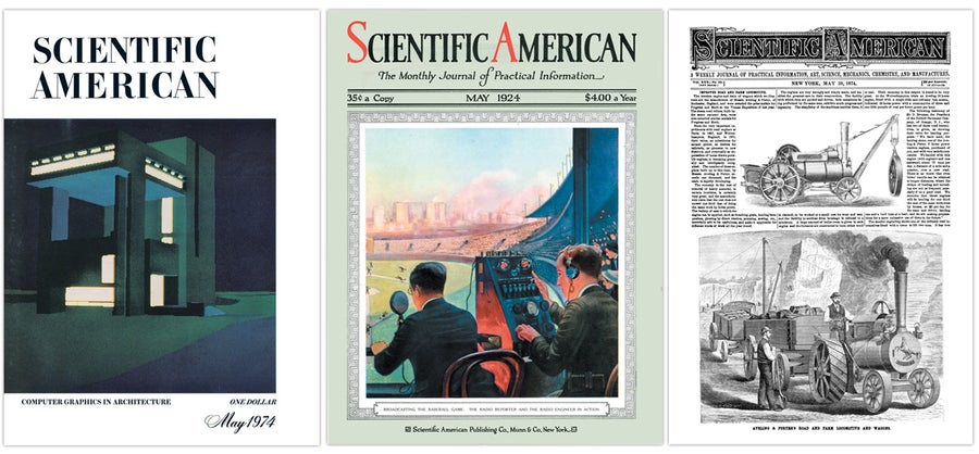 Covers of Scientific American from 1974, 1924 and 1874 